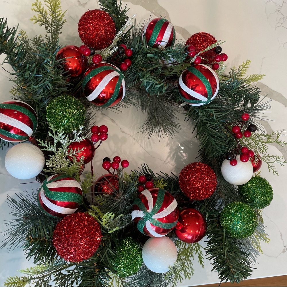 Kirklands Holiday Wreath with Red, Green, and White Accents